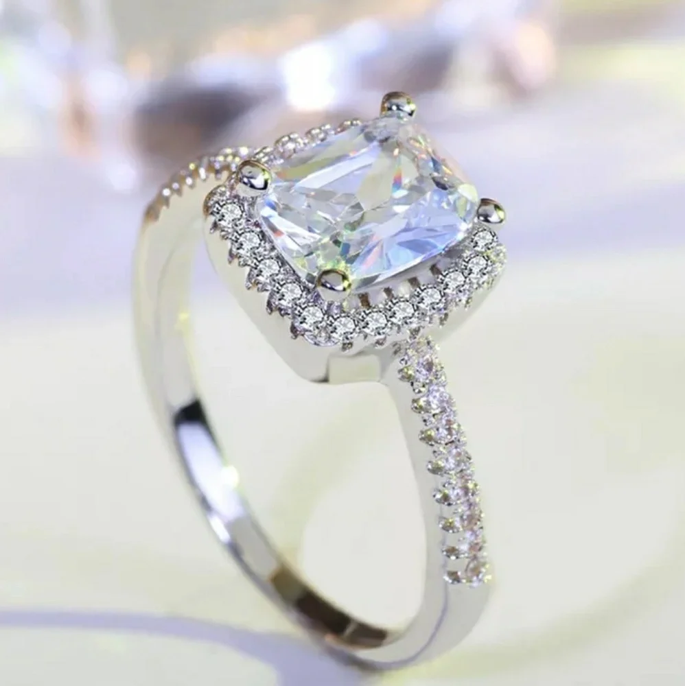 Silver CZ Princess Cut Stone Ring
